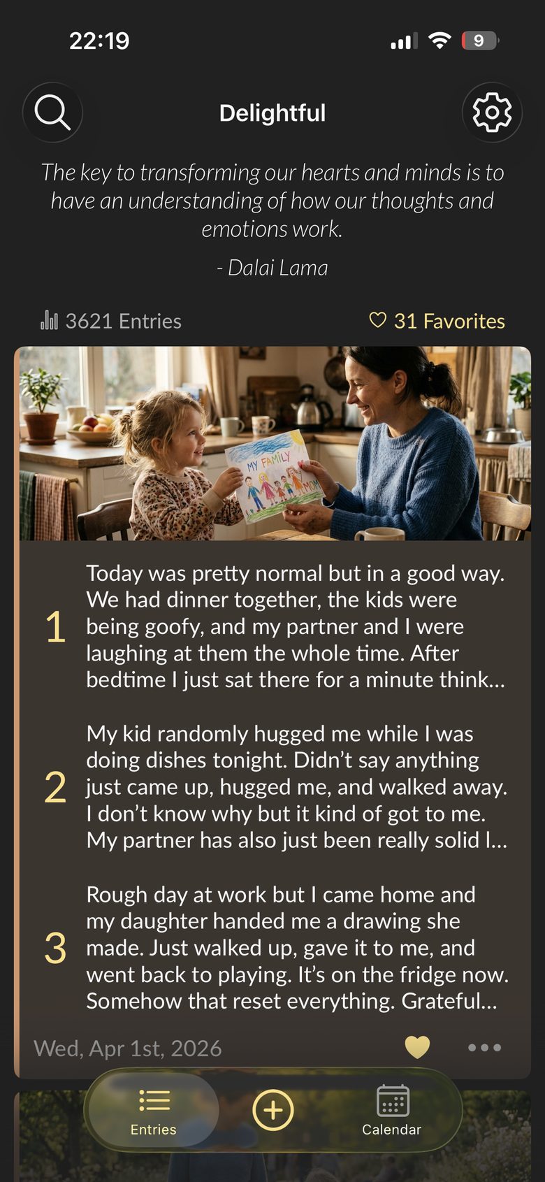 Delightful gratitude journal app showing daily entries with photos, quotes, and the 3 good things format on iOS